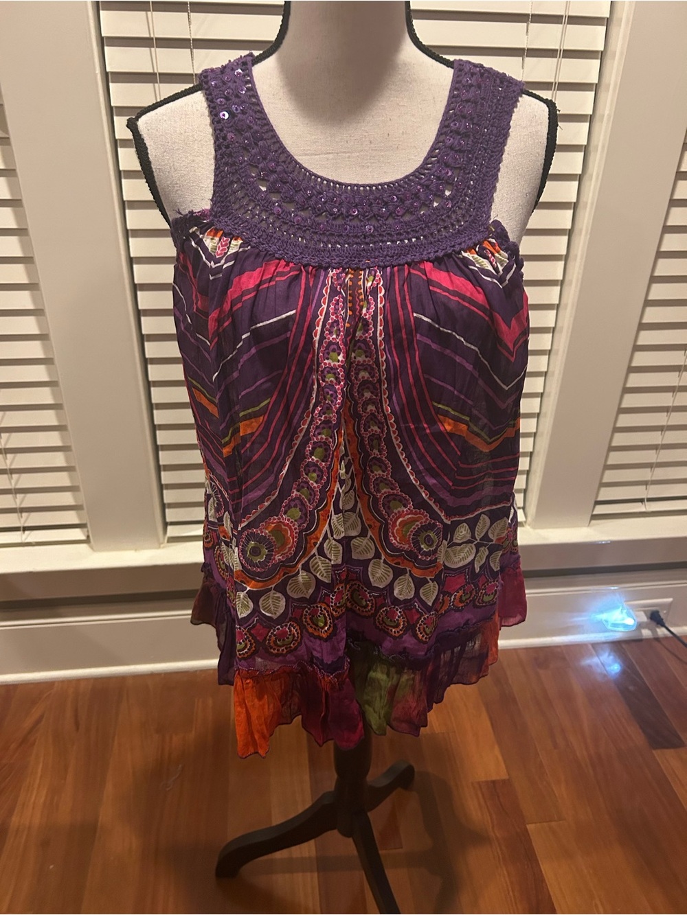 Jasmine Purple Crochet Yoke Multicolor Printed Top size S